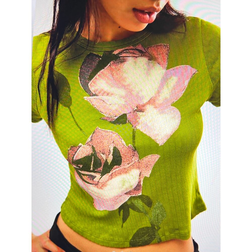 DAYDREAMER FOR FREE PEOPLE ROSE POINTELLE TEE VINTAGE OLIVE 100% COTTON MSRP $85